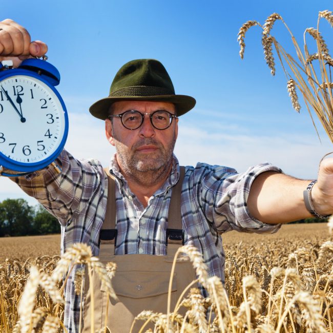 a farmer in a wheat field with a clock 5 before 12